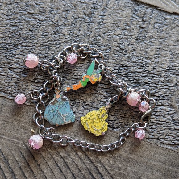Vintage Disney Princess Silver 3 Charm Bracelet Tinkerbell, Belle, Cinderella - Picture 1 of 4